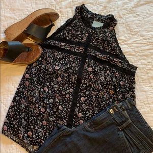 Anthropologie Floral Ruffle Sleeveless Top
